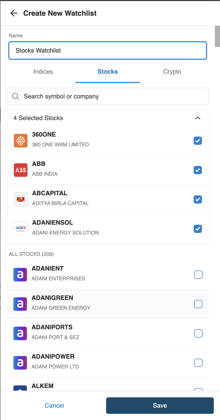 Create New Watchlist panel named "Stocks Watchlist" with 4 selected stocks ticked at the top, and Cancel and Save buttons