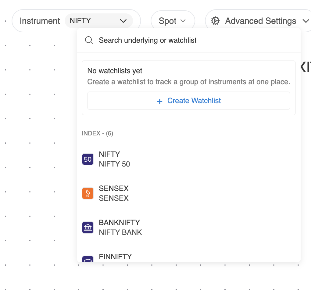 Instrument dropdown showing "No watchlists yet" with a + Create Watchlist button above the index list