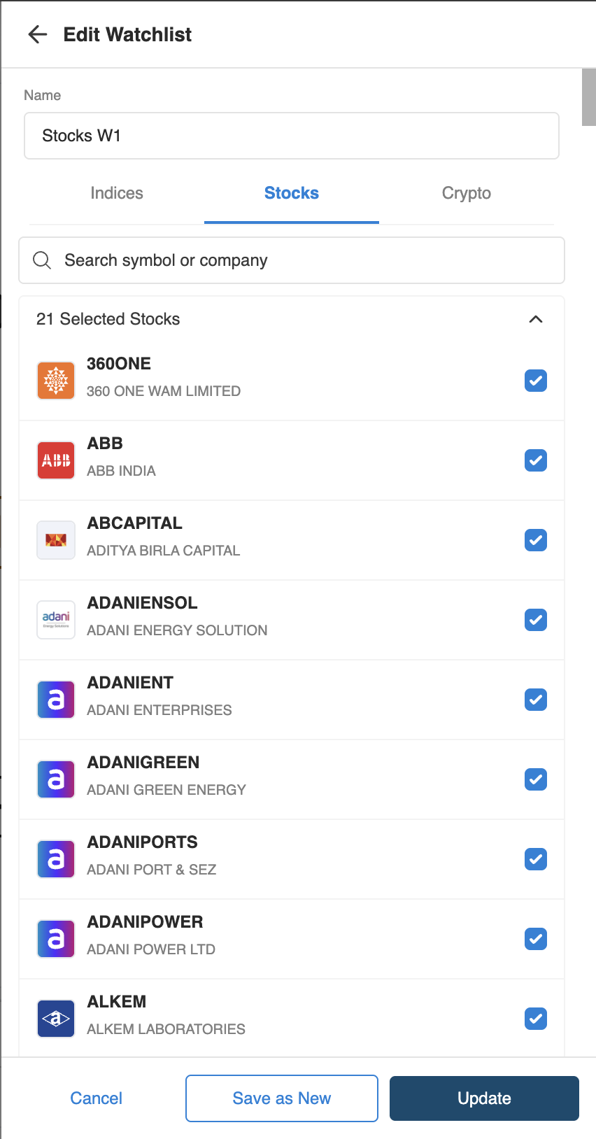 Edit Watchlist screen for "Stocks W1" with 21 selected stocks ticked, and Cancel, Save as New, and Update buttons at the bottom