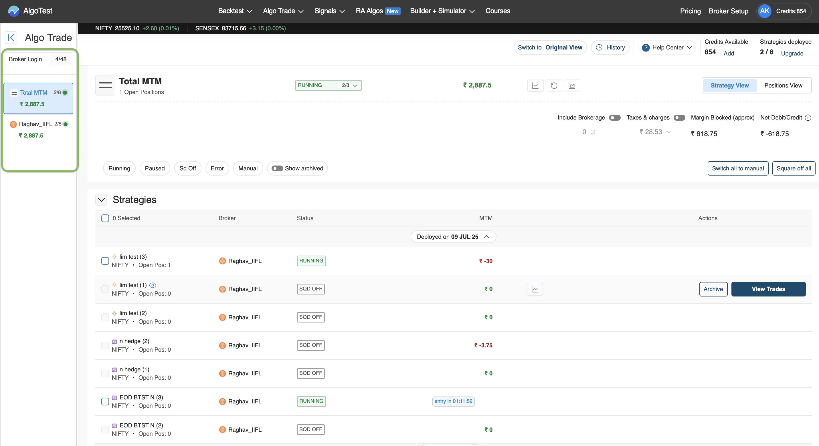 Pro View showing sidebar with multiple broker P&Ls and combined total